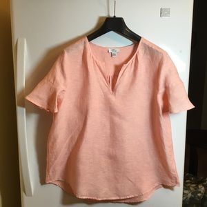 Lord & Taylor Linen Blouse Salmon Pink. V-Neck, High/Low with Flutter Sleeves